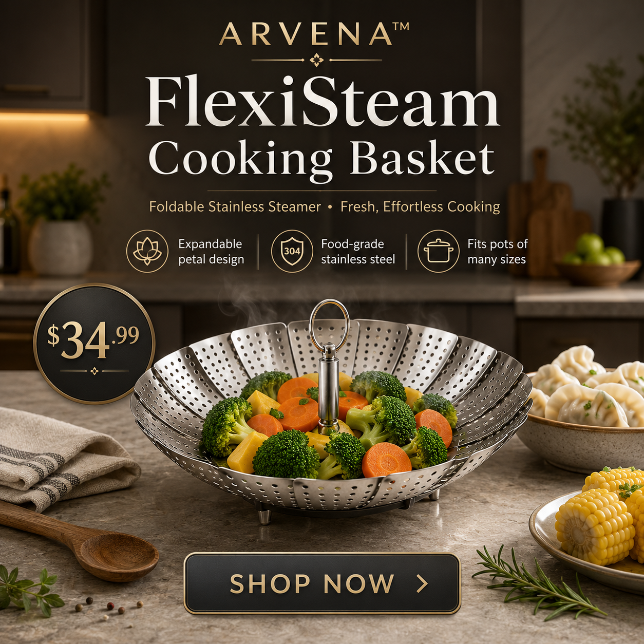 ARVENA™ FlexiSteam Folding Steamer Basket